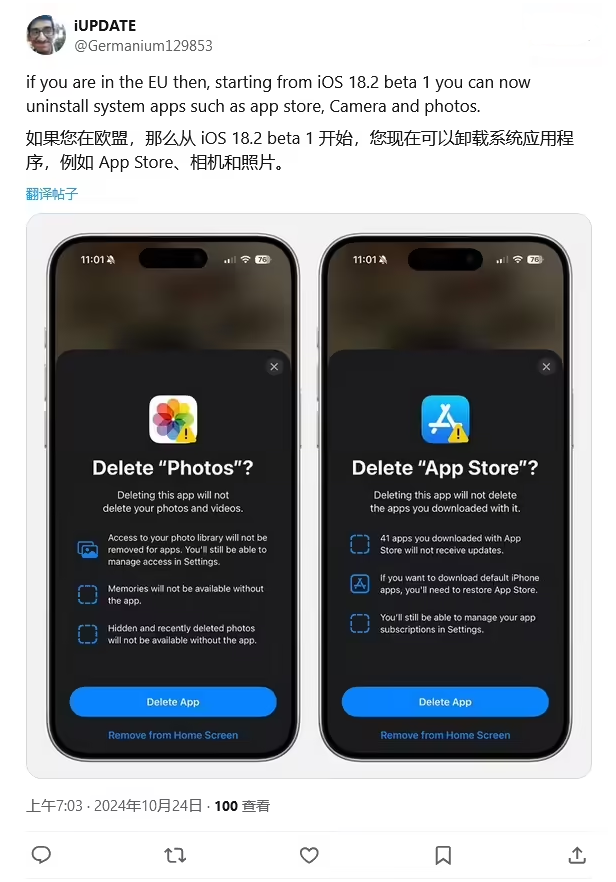 南丹苹果手机维修分享iOS 18.2 支持删除 App Store 应用商店 